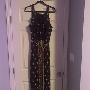 Navy Printed Maxi Dress with Ruffled V-neck Style